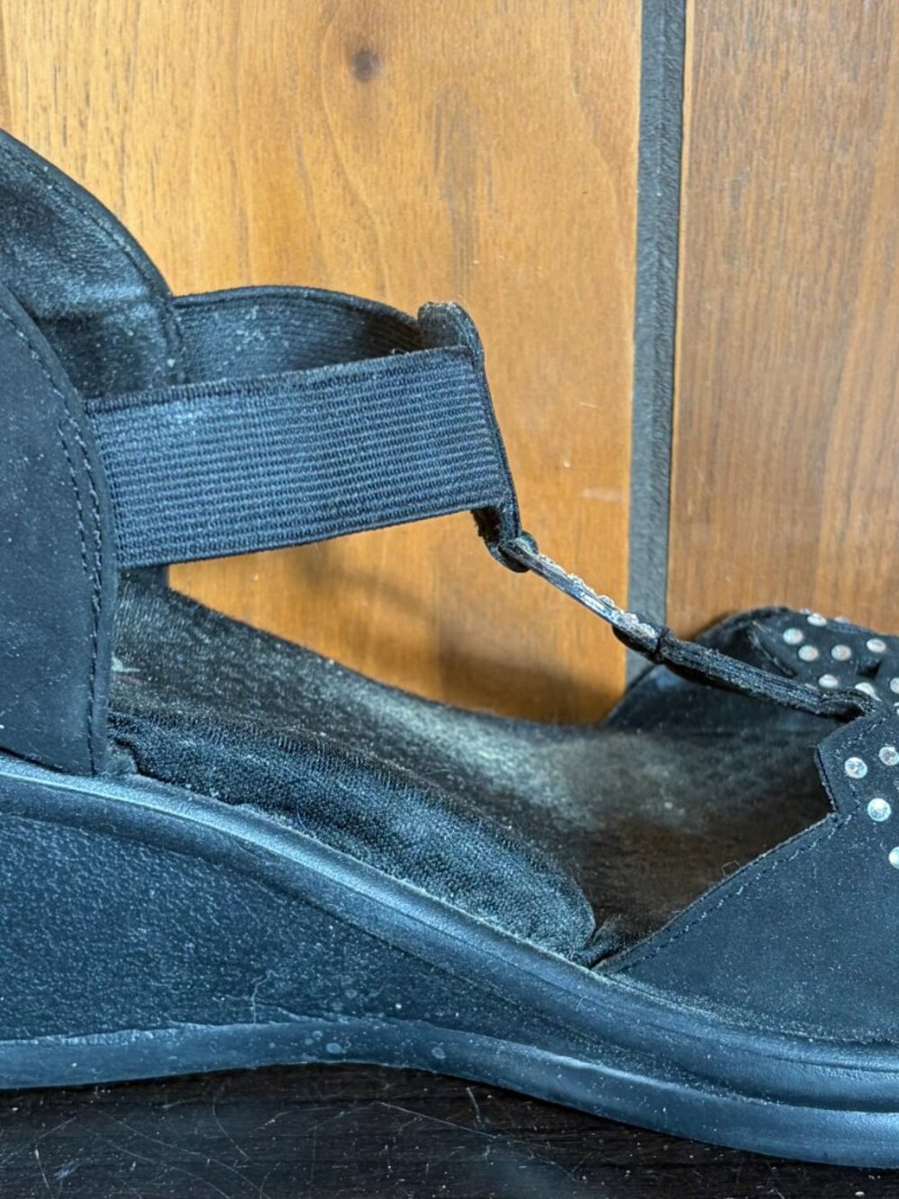 Skechers Sandals Women Sz 10 Black Cali Rumblers Queen B Bling Wedge Slingback - Picture 4 of 9